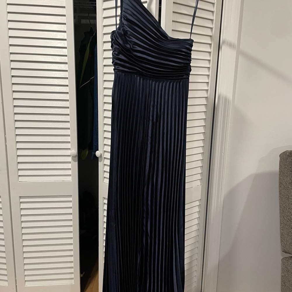 Revelry One-Shoulder Navy Pleated Satin Evening Dress